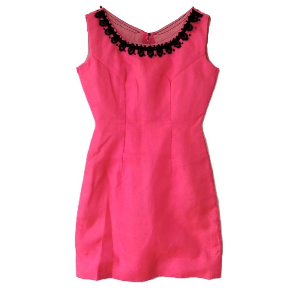 Vintage 60s Dayglo Neon Pink Dress with Black Lace Mod Handmade 34B